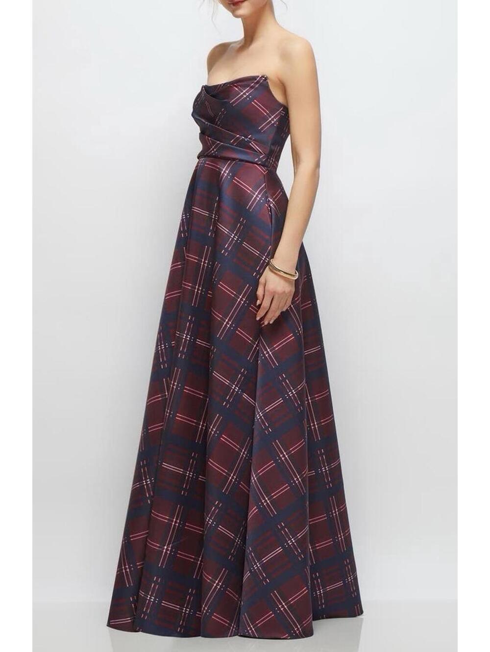 New Dessy Collection Tartan Strapless Gown In Cabernet Midnight Size 18 $325 - Picture 3 of 9
